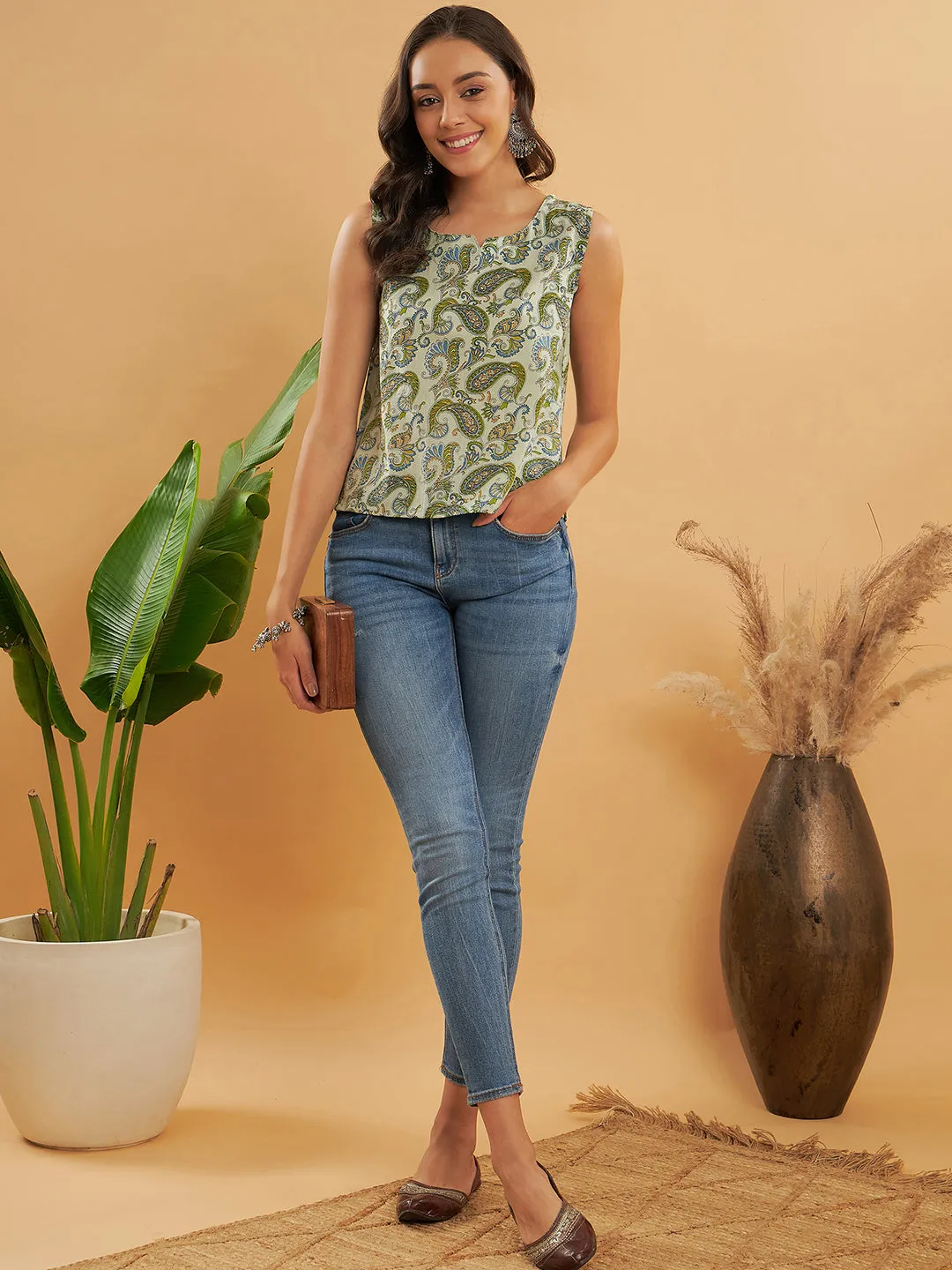 Sage Green Paisley Print W/U Top