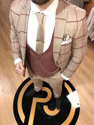 Savino - Beige/Red 3 Piece Suit