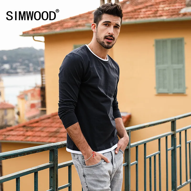SIMWOOD 2018 Autumn New Fake Double Layered T-Shirt Men Long Sleeve 100% Cotton Fashion Tops High Quality Slim Fit Tees 180109