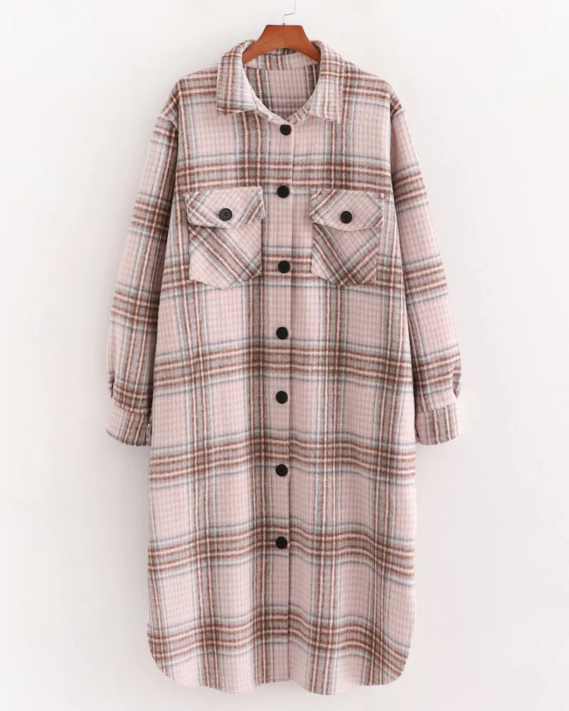Single-breasted Pocket Geometry Plaid Elastic Sleeves Outerwear