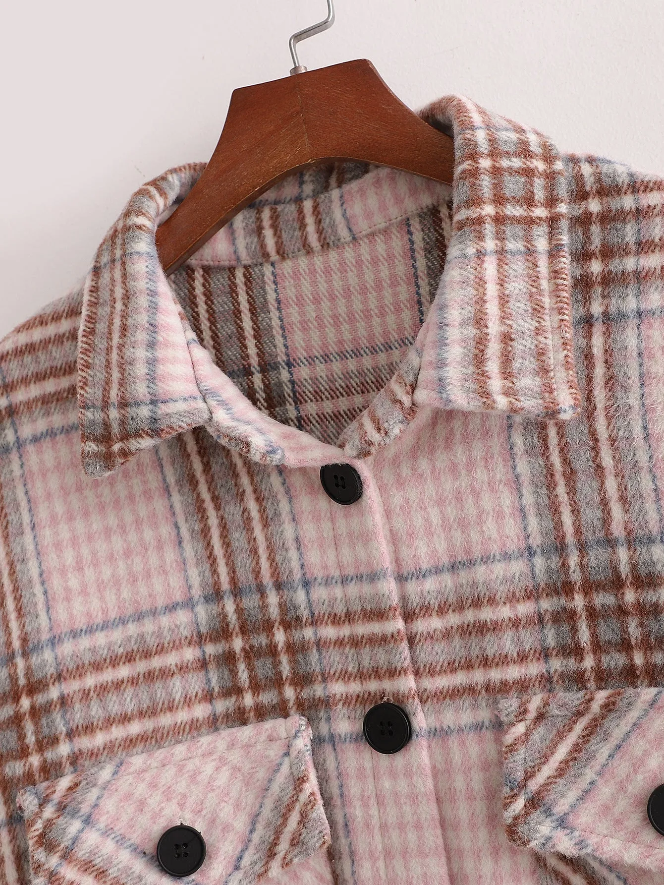 Single-breasted Pocket Geometry Plaid Elastic Sleeves Outerwear