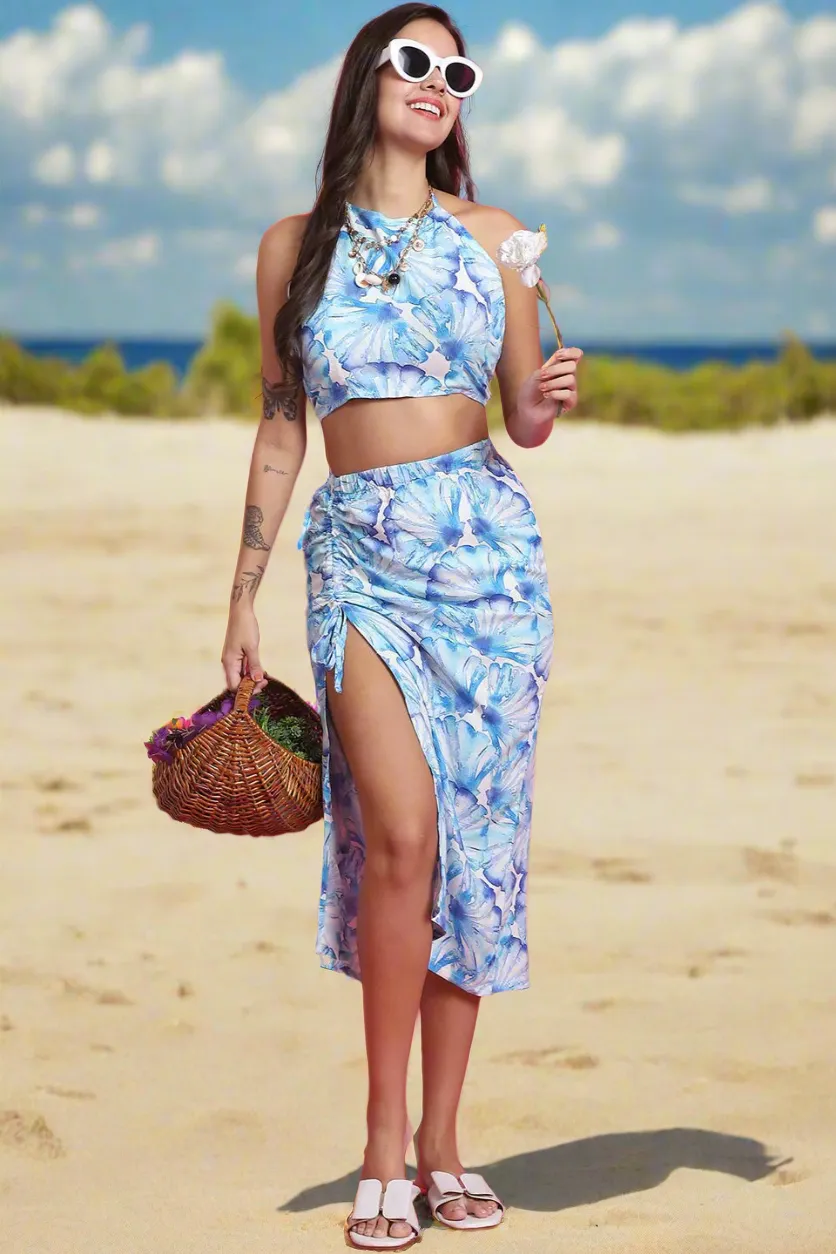 Sky-Blue Color Floral Printed Viscose Rayon Coverup Skirt With Top Beachwear For Woman