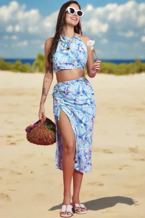 Sky-Blue Color Floral Printed Viscose Rayon Coverup Skirt With Top Beachwear For Woman