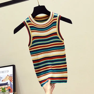 Sleeveless Striped Knitted Crop Tops