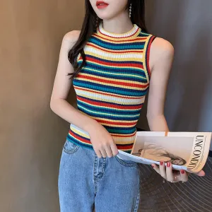 Sleeveless Striped Knitted Crop Tops