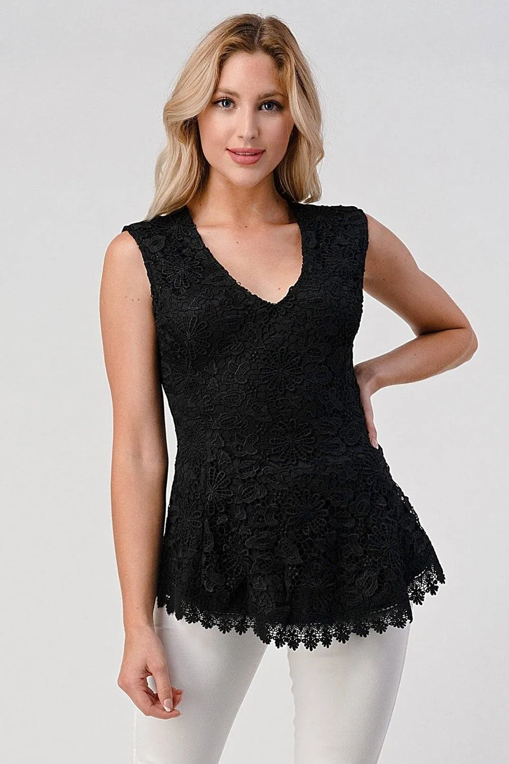 Sleeveless V-Neck Lace Peplum Top