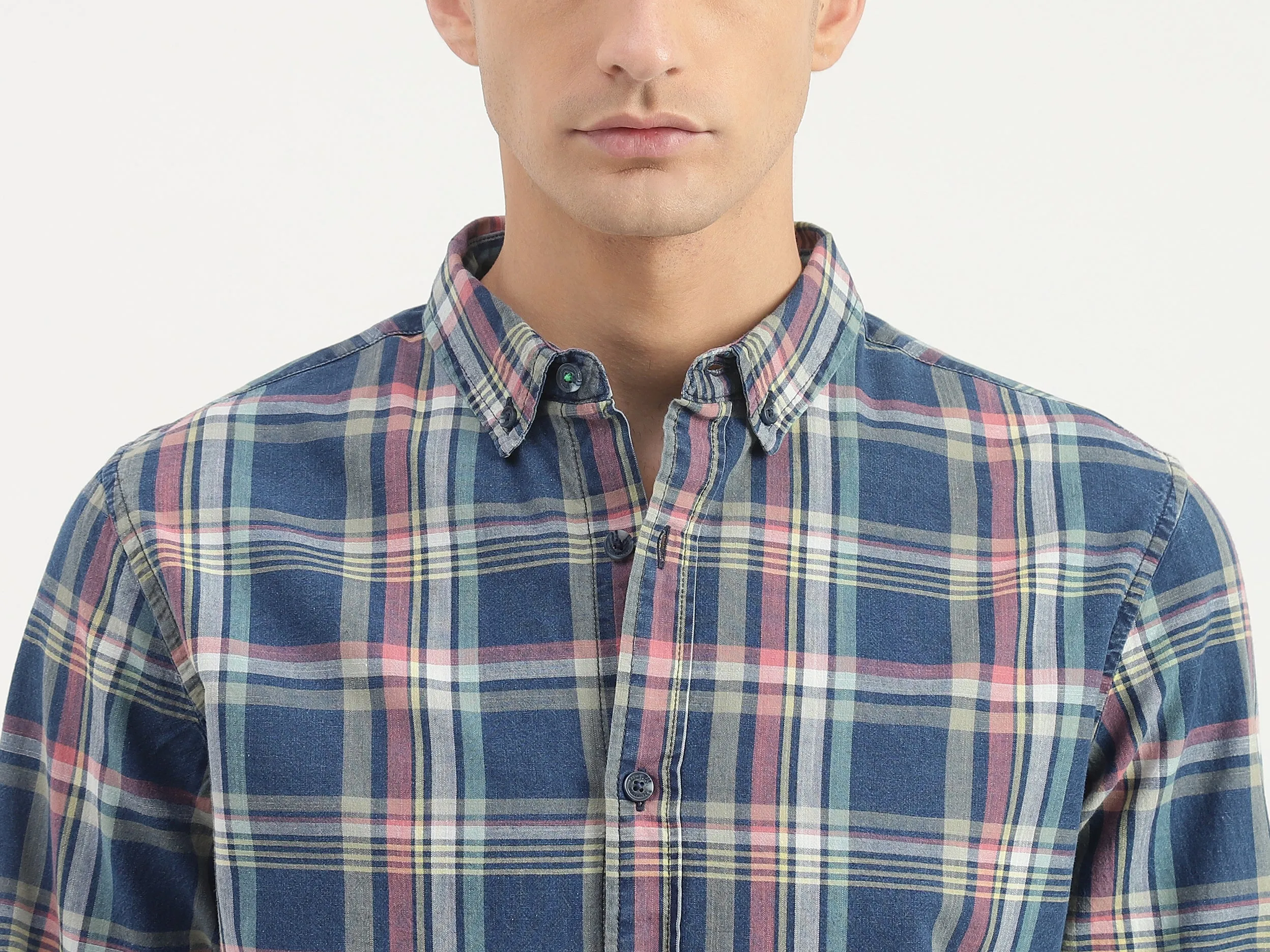 Slim Fit Button Down Collar Plaid Shirt