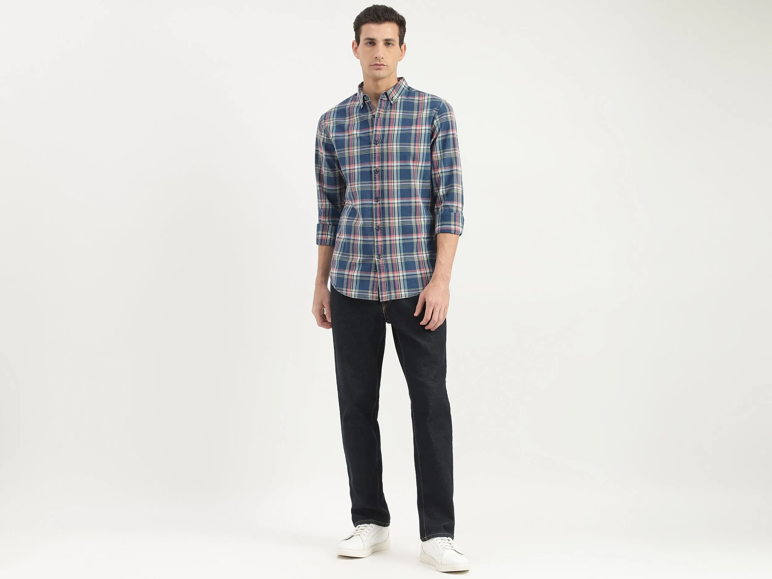 Slim Fit Button Down Collar Plaid Shirt