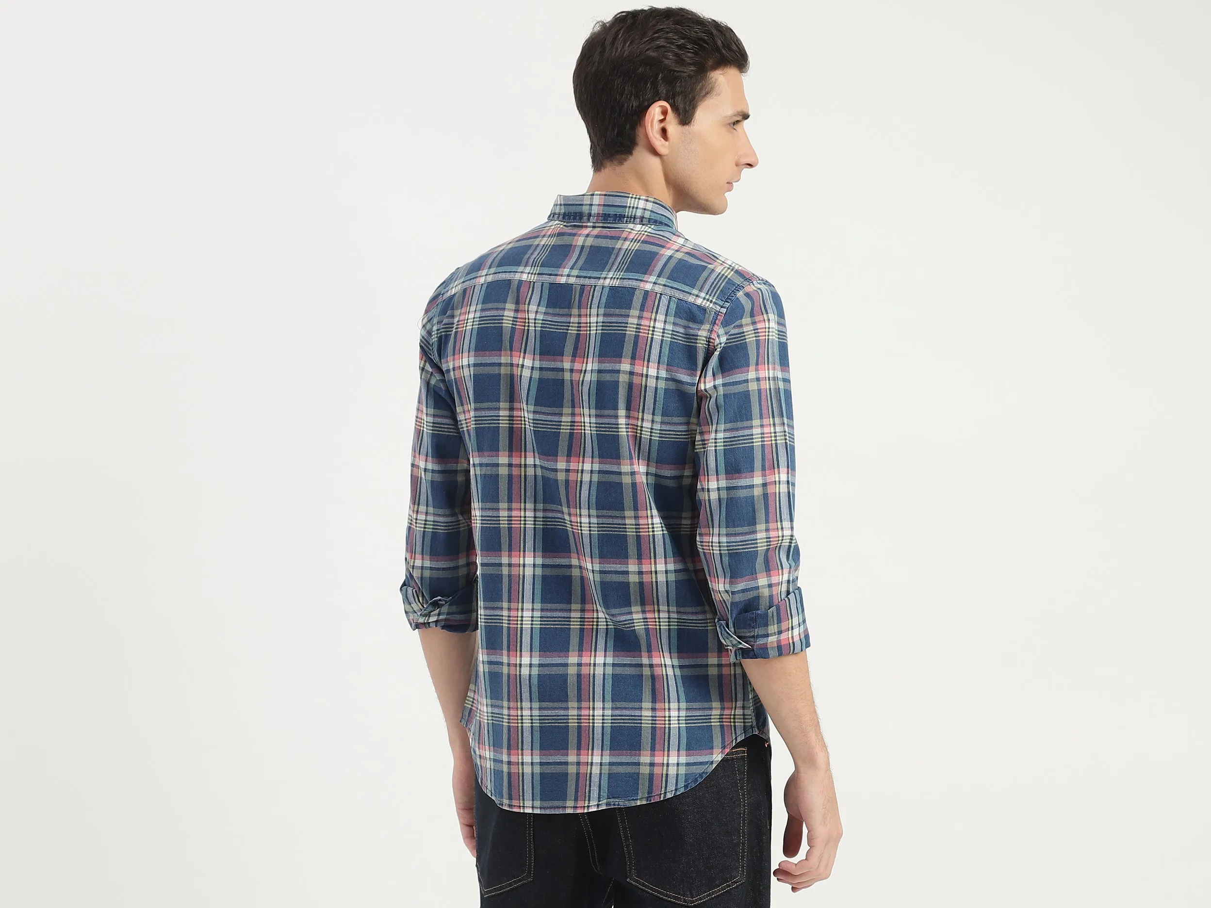 Slim Fit Button Down Collar Plaid Shirt