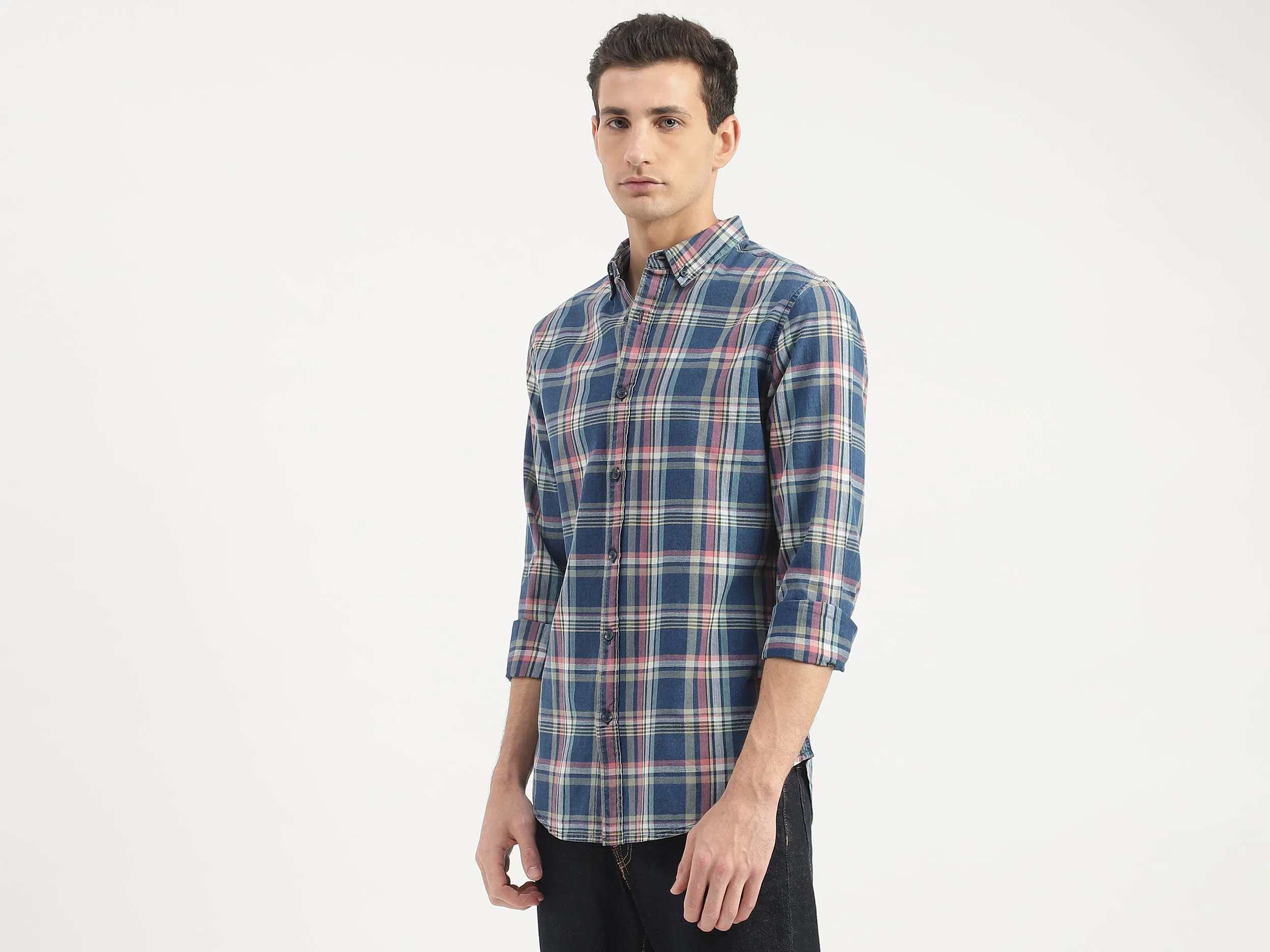 Slim Fit Button Down Collar Plaid Shirt