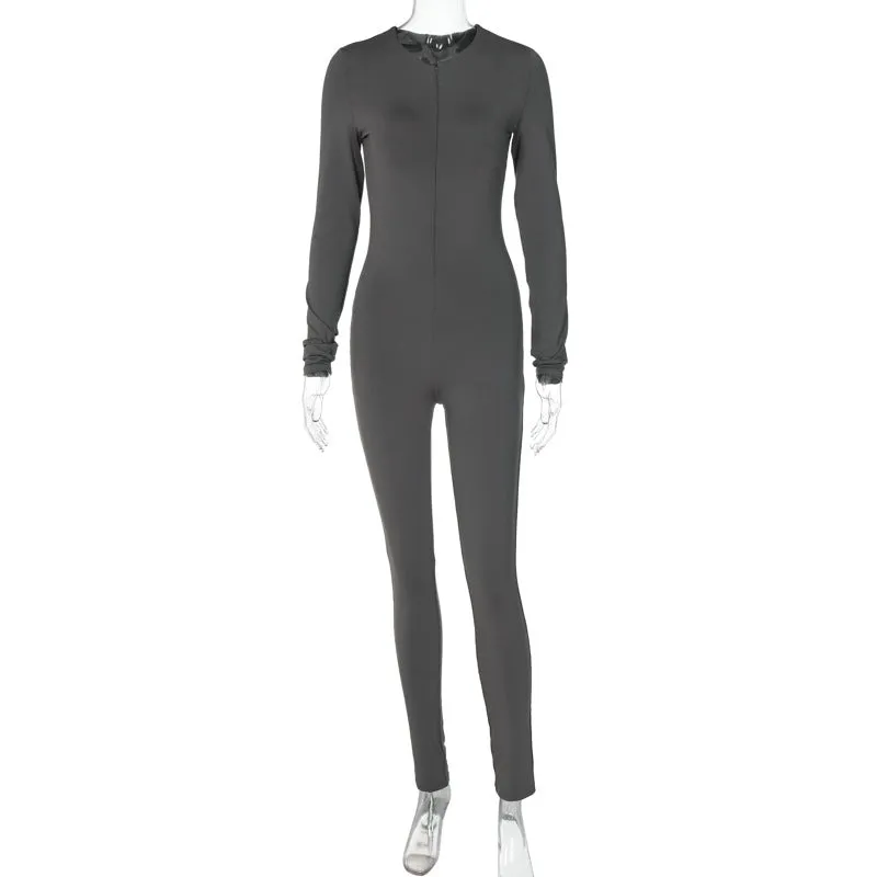 Slim Solid Color Long Sleeve Jumpsuit European and American2023Fall Women's Clothing New Fashion Zipper High Waist Hip Lift Trousers for Women