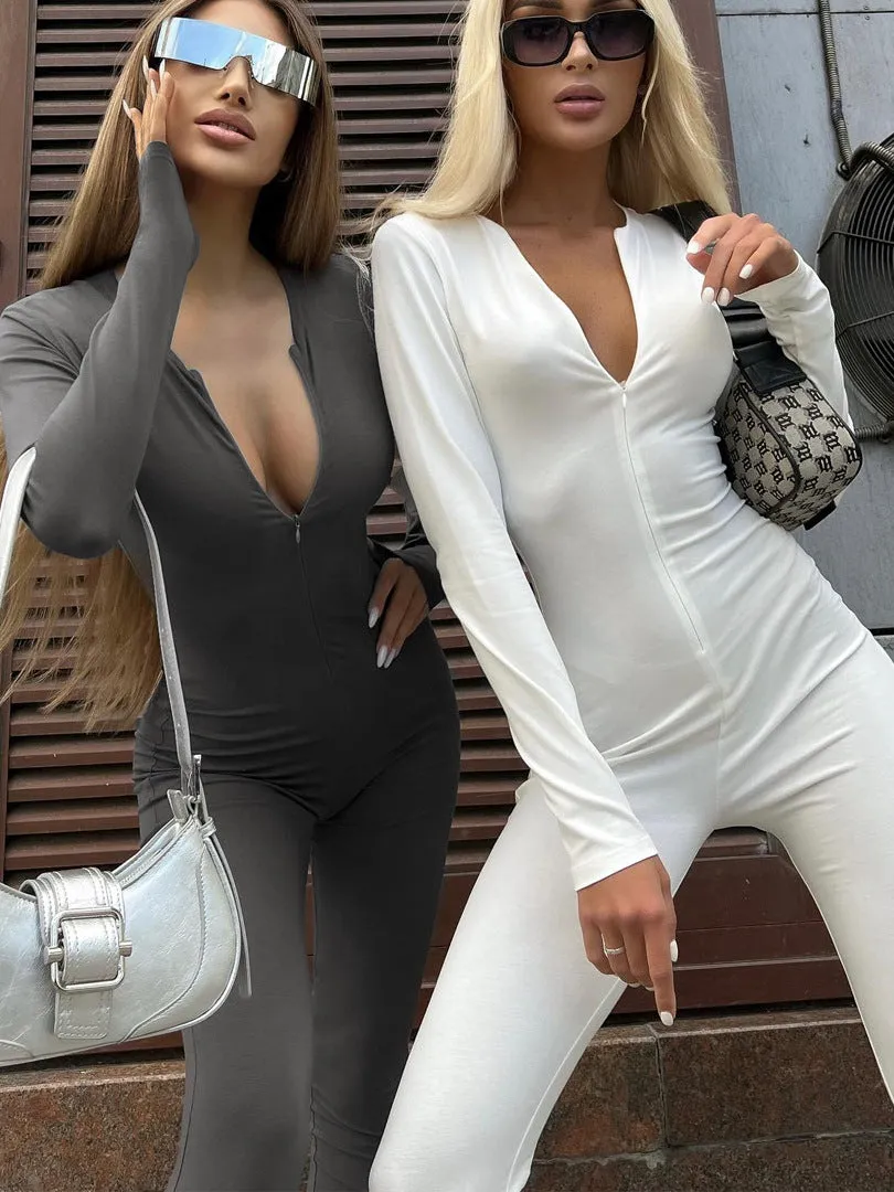 Slim Solid Color Long Sleeve Jumpsuit European and American2023Fall Women's Clothing New Fashion Zipper High Waist Hip Lift Trousers for Women