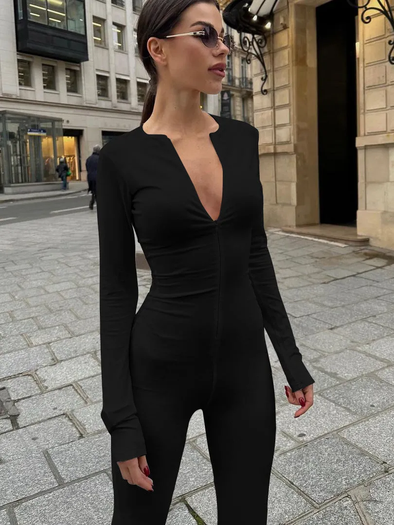 Slim Solid Color Long Sleeve Jumpsuit European and American2023Fall Women's Clothing New Fashion Zipper High Waist Hip Lift Trousers for Women