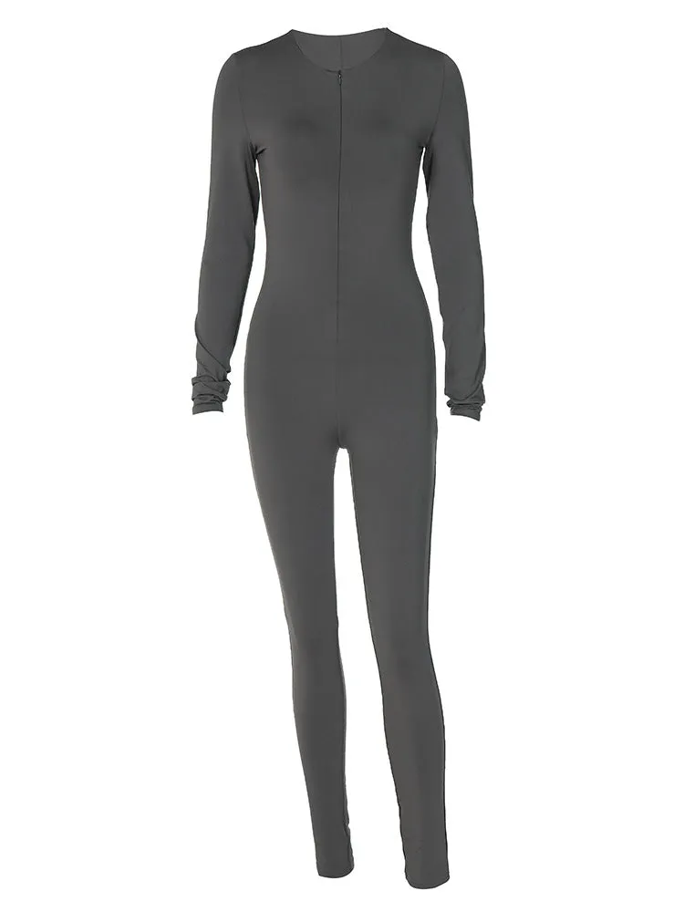 Slim Solid Color Long Sleeve Jumpsuit European and American2023Fall Women's Clothing New Fashion Zipper High Waist Hip Lift Trousers for Women