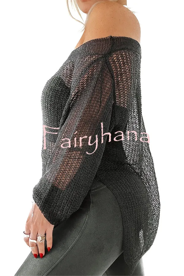Solid Color Loose Long Sleeve Hollow Knit Cover-up Top