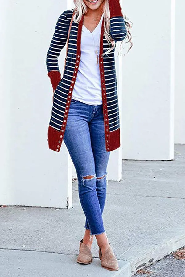Striped Buttoned Mid-length Cardigan (6 Colors)
