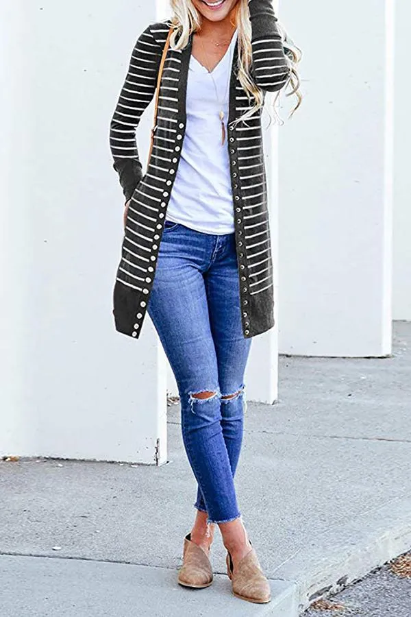 Striped Buttoned Mid-length Cardigan (6 Colors)