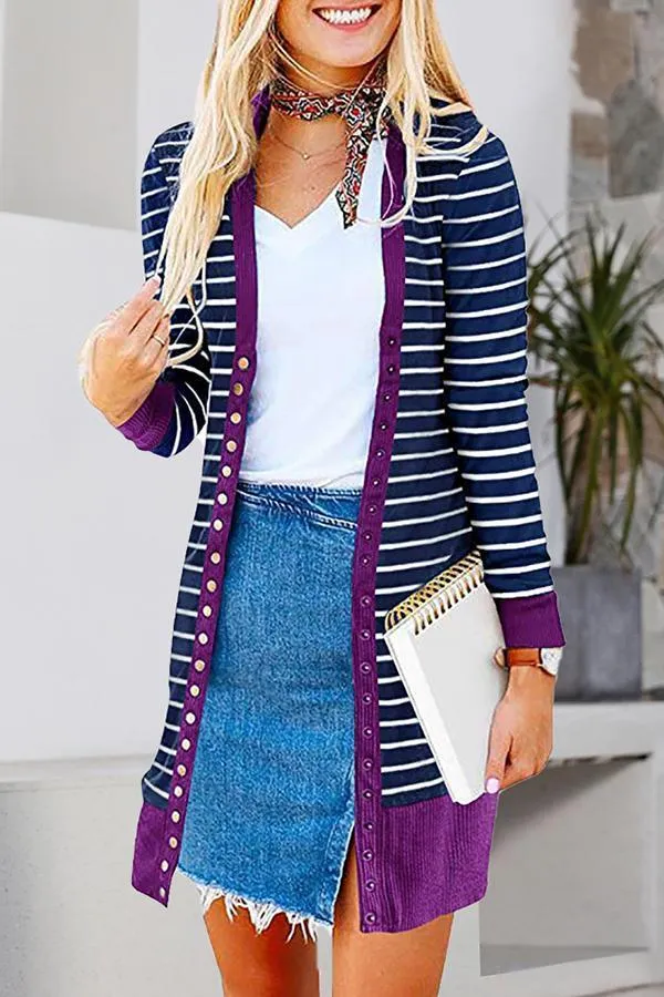 Striped Buttoned Mid-length Cardigan (6 Colors)