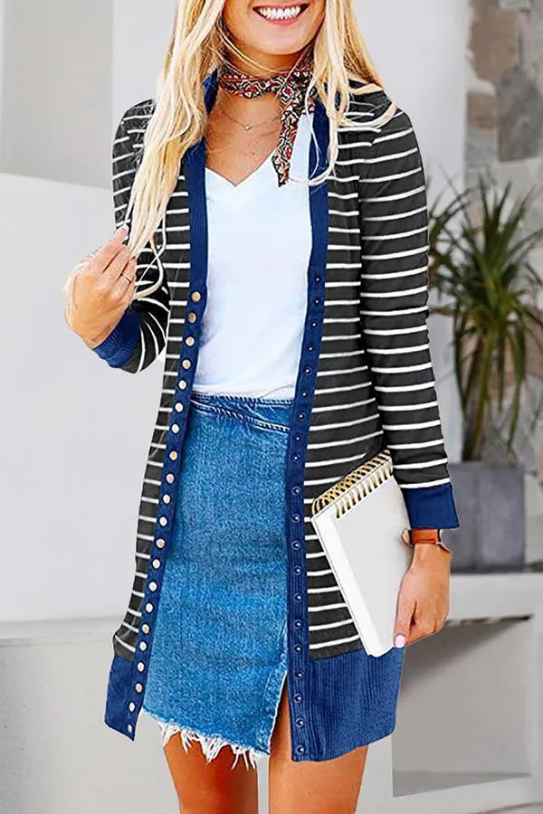 Striped Buttoned Mid-length Cardigan (6 Colors)