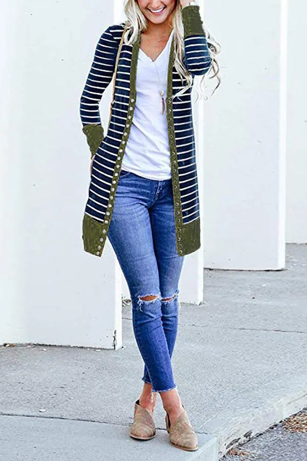 Striped Buttoned Mid-length Cardigan (6 Colors)