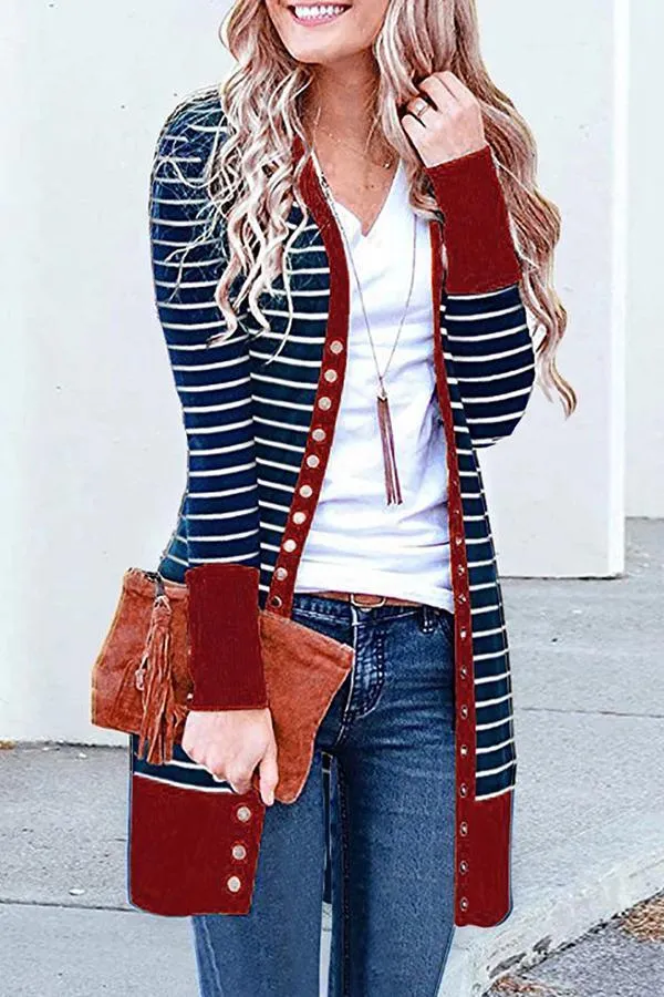 Striped Buttoned Mid-length Cardigan (6 Colors)