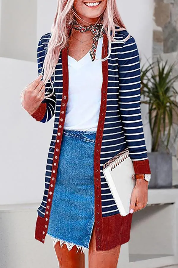 Striped Buttoned Mid-length Cardigan (6 Colors)