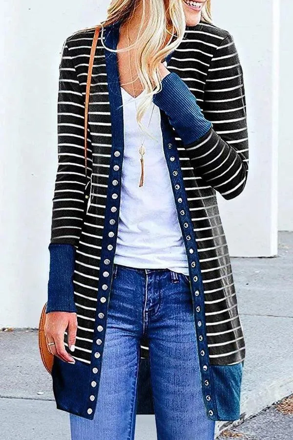 Striped Buttoned Mid-length Cardigan (6 Colors)