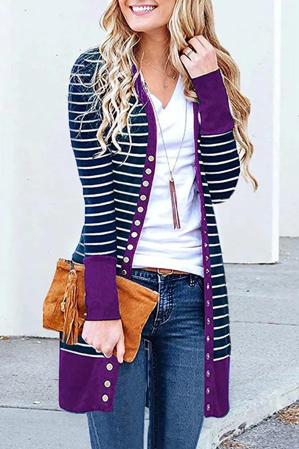 Striped Buttoned Mid-length Cardigan (6 Colors)