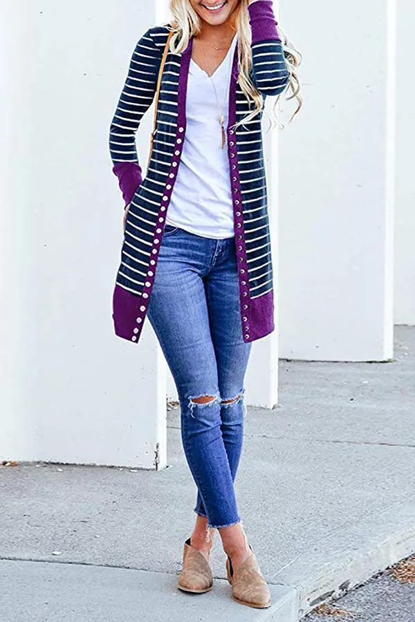 Striped Buttoned Mid-length Cardigan (6 Colors)