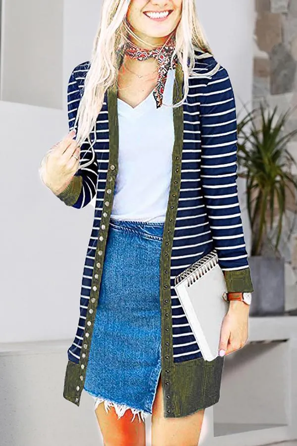 Striped Buttoned Mid-length Cardigan (6 Colors)
