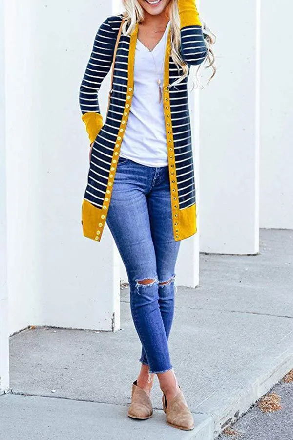 Striped Buttoned Mid-length Cardigan (6 Colors)