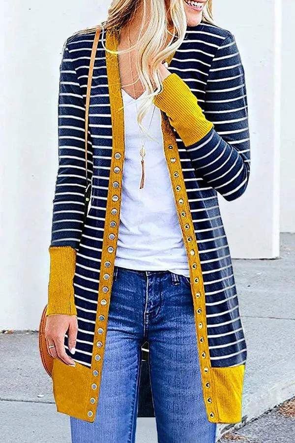 Striped Buttoned Mid-length Cardigan (6 Colors)