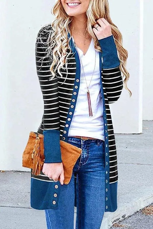 Striped Buttoned Mid-length Cardigan (6 Colors)
