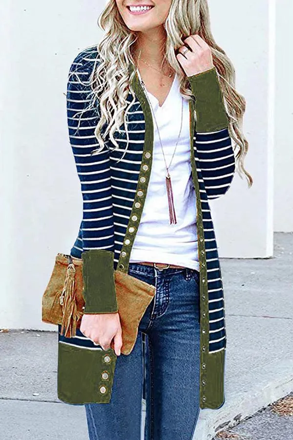 Striped Buttoned Mid-length Cardigan (6 Colors)