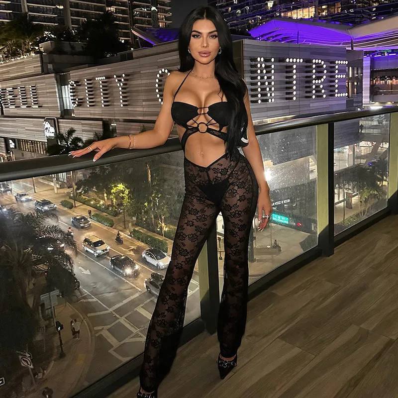 Summer New Fashion Vacation Style Hot Girl Sexy Slim Lace Trousers Suspenders Jumpsuit Women's Clothing