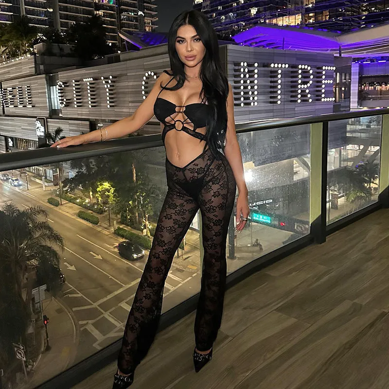 Summer New Fashion Vacation Style Hot Girl Sexy Slim Lace Trousers Suspenders Jumpsuit Women's Clothing
