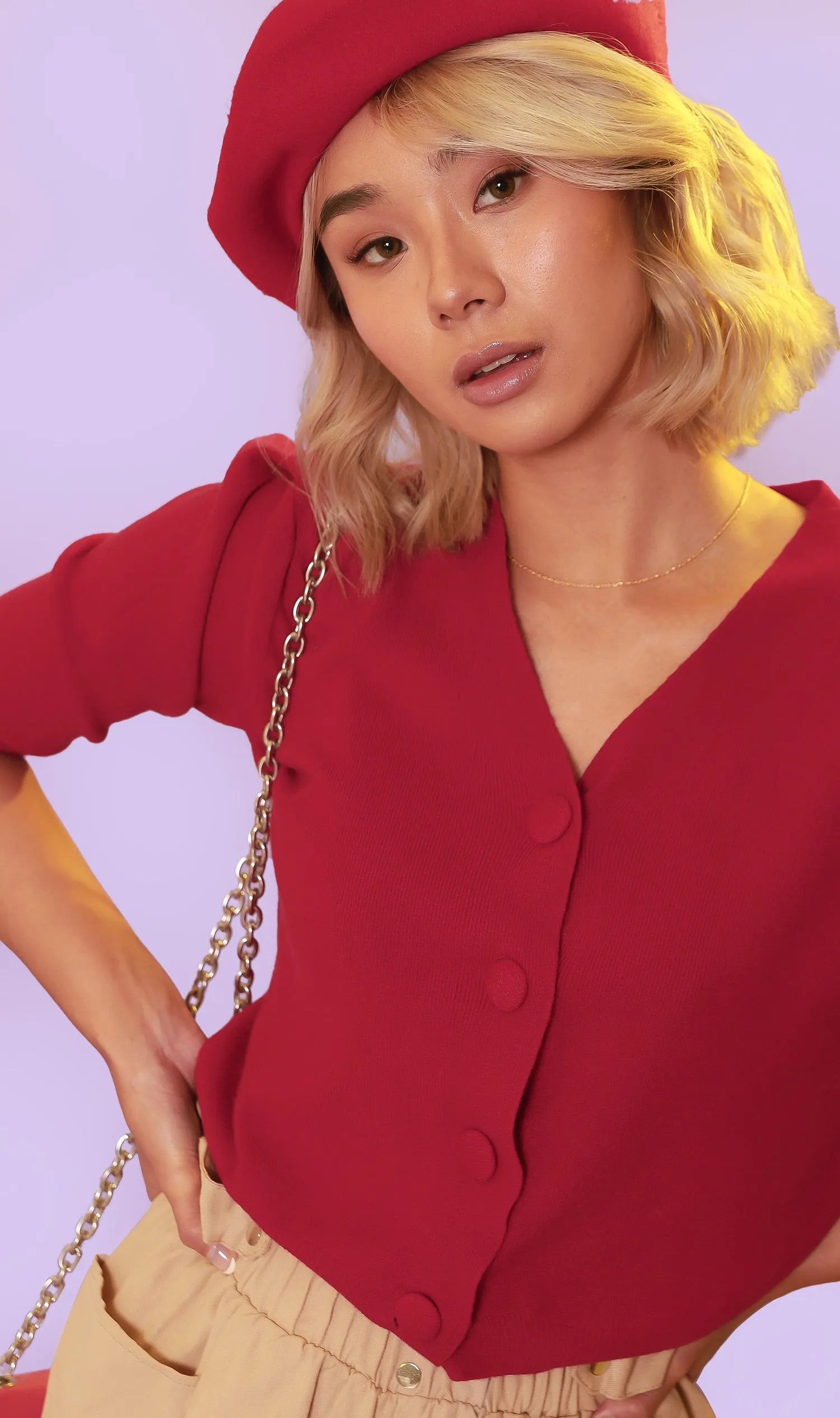 SYLVIE Knit Button-Down Cardi (Red)