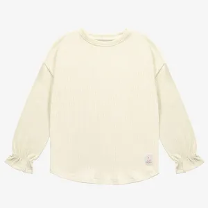 T-shirt à manches longues blanc avec des poignets resserrés en jersey crêpé, enfant || White long sleeves t-shirt with fitted wrists in crinkle jersey, child
