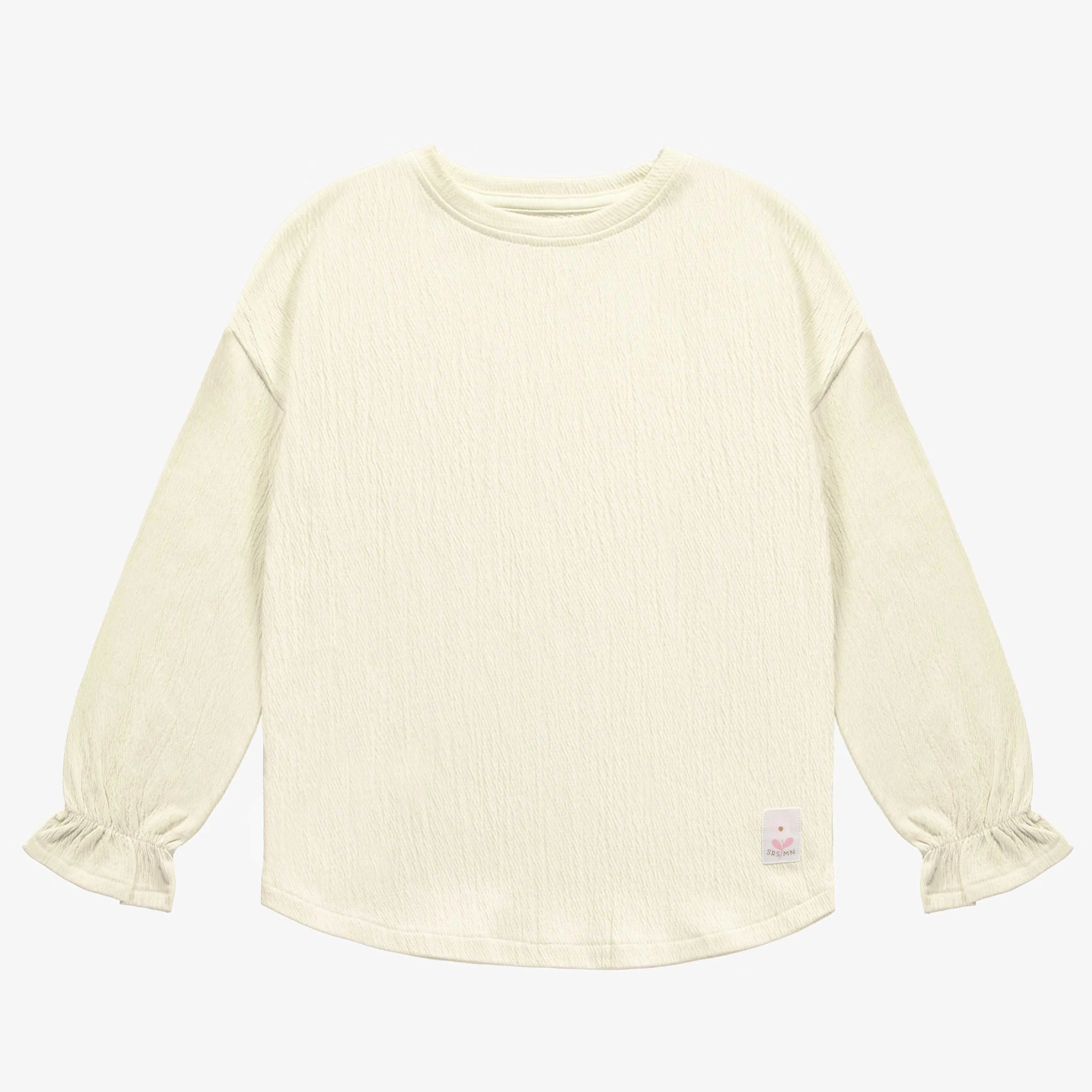 T-shirt à manches longues blanc avec des poignets resserrés en jersey crêpé, enfant || White long sleeves t-shirt with fitted wrists in crinkle jersey, child