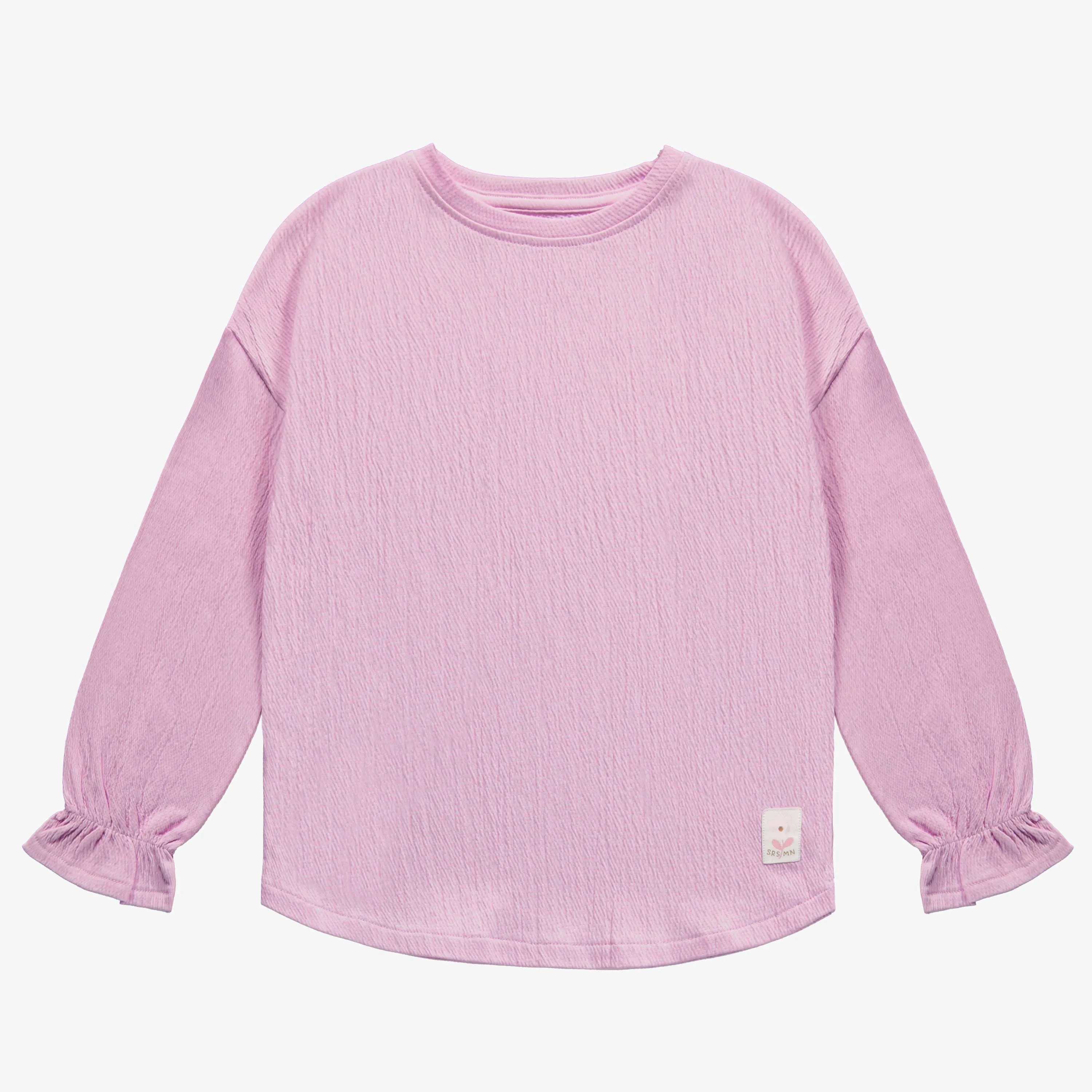 T-shirt à manches longues lavande avec des poignets resserrés en jersey crêpé, enfant || Lavender long sleeves t-shirt with fitted wrists in crinkle jersey, child