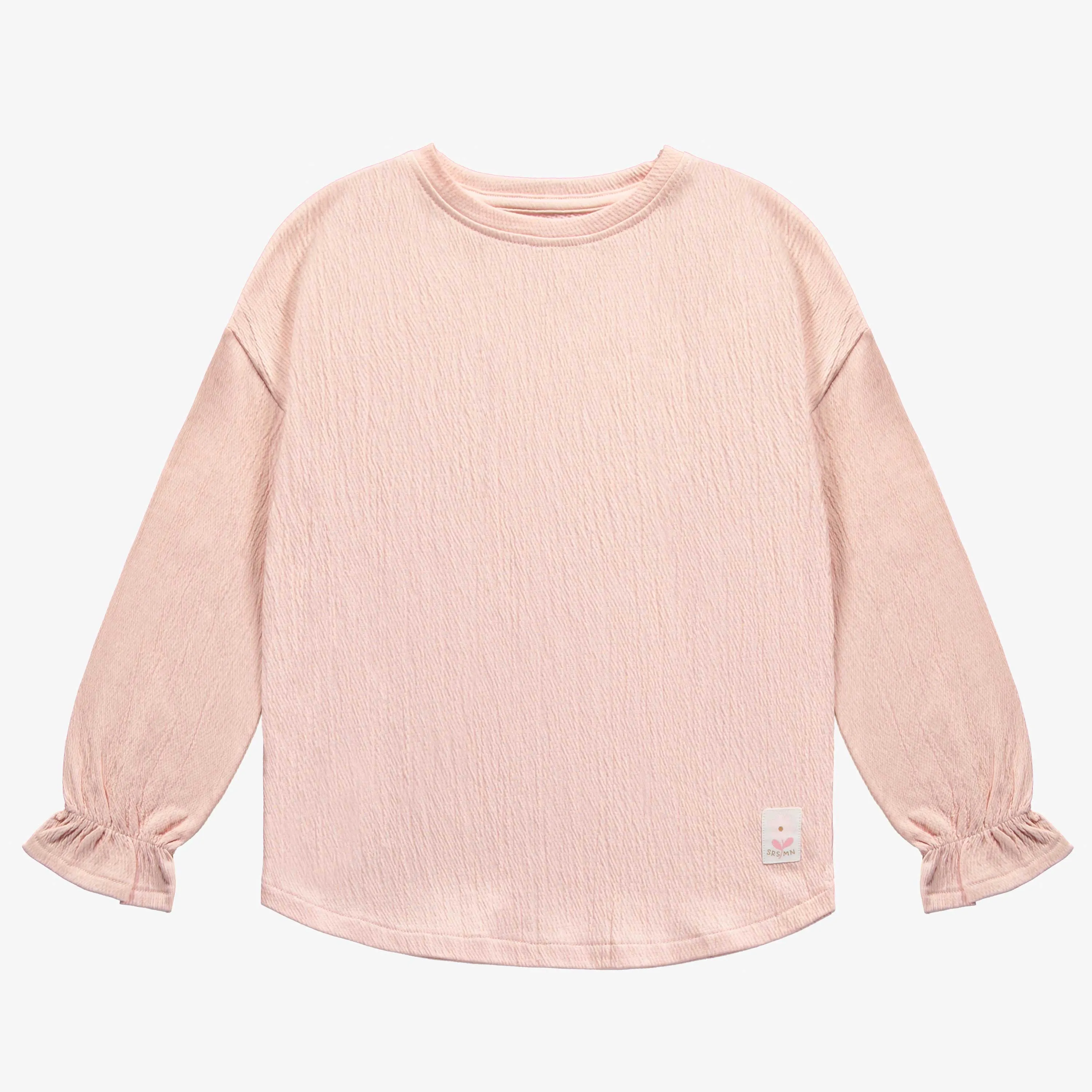 T-shirt à manches longues rose avec des poignets resserrés en jersey crêpé, enfant || Pink long sleeves t-shirt with fitted wrists in crinkle jersey, child