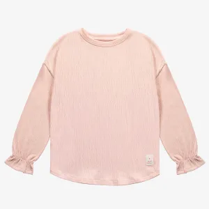 T-shirt à manches longues rose avec des poignets resserrés en jersey crêpé, enfant || Pink long sleeves t-shirt with fitted wrists in crinkle jersey, child