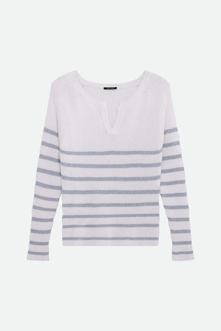 TERESA - Pull blanc tricot motif rayures lurex beige