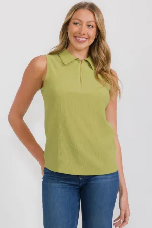 TEXTURE CREPE HALF ZIP COLLAR SLEEVELESS TANK