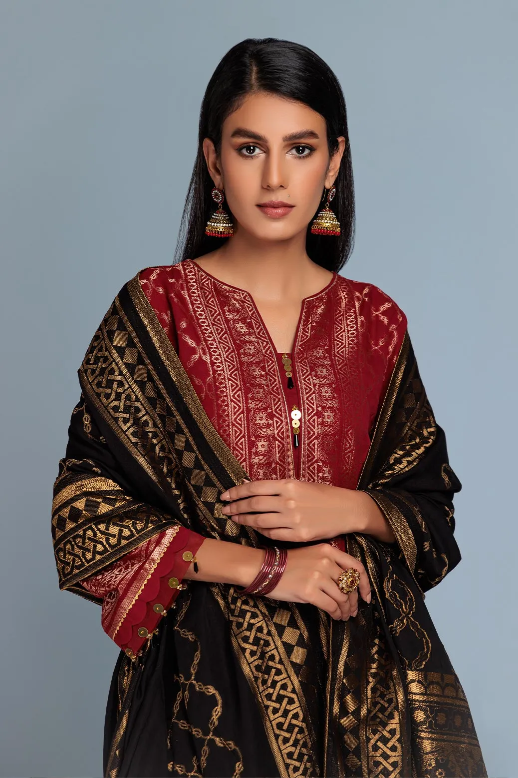 Traditional Pakistani Kameez Salwar Suit in Cheery Red Jacquard