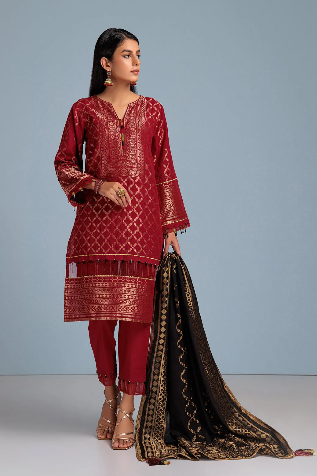 Traditional Pakistani Kameez Salwar Suit in Cheery Red Jacquard