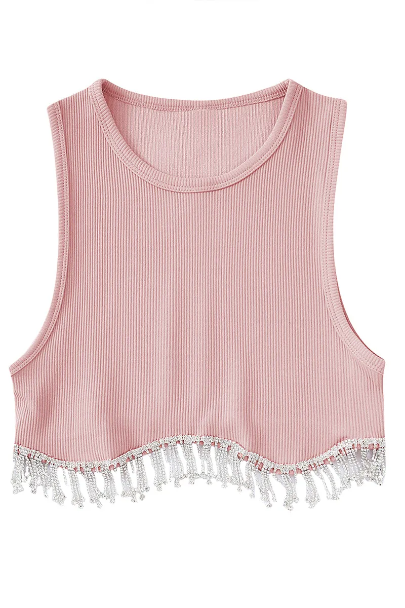 TT3115 Rhinestones Tassels Tank Top