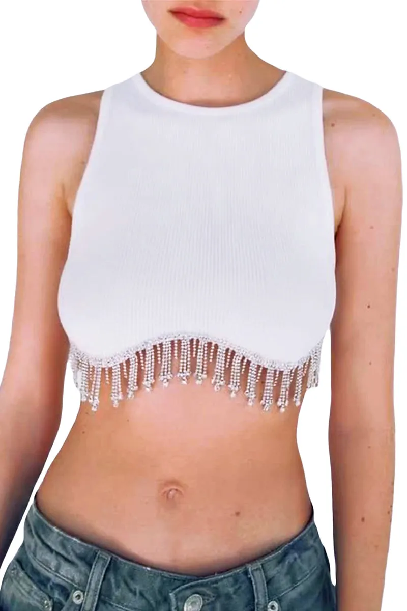 TT3115 Rhinestones Tassels Tank Top