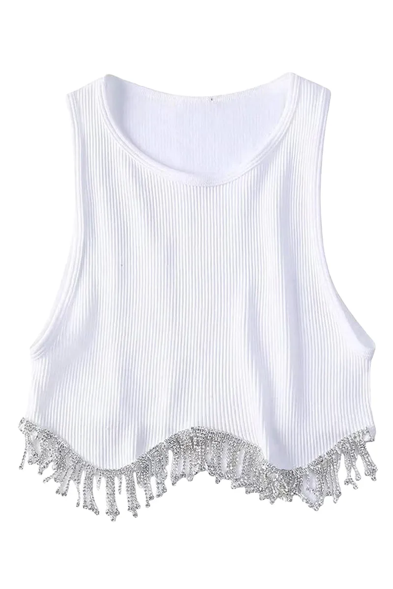 TT3115 Rhinestones Tassels Tank Top
