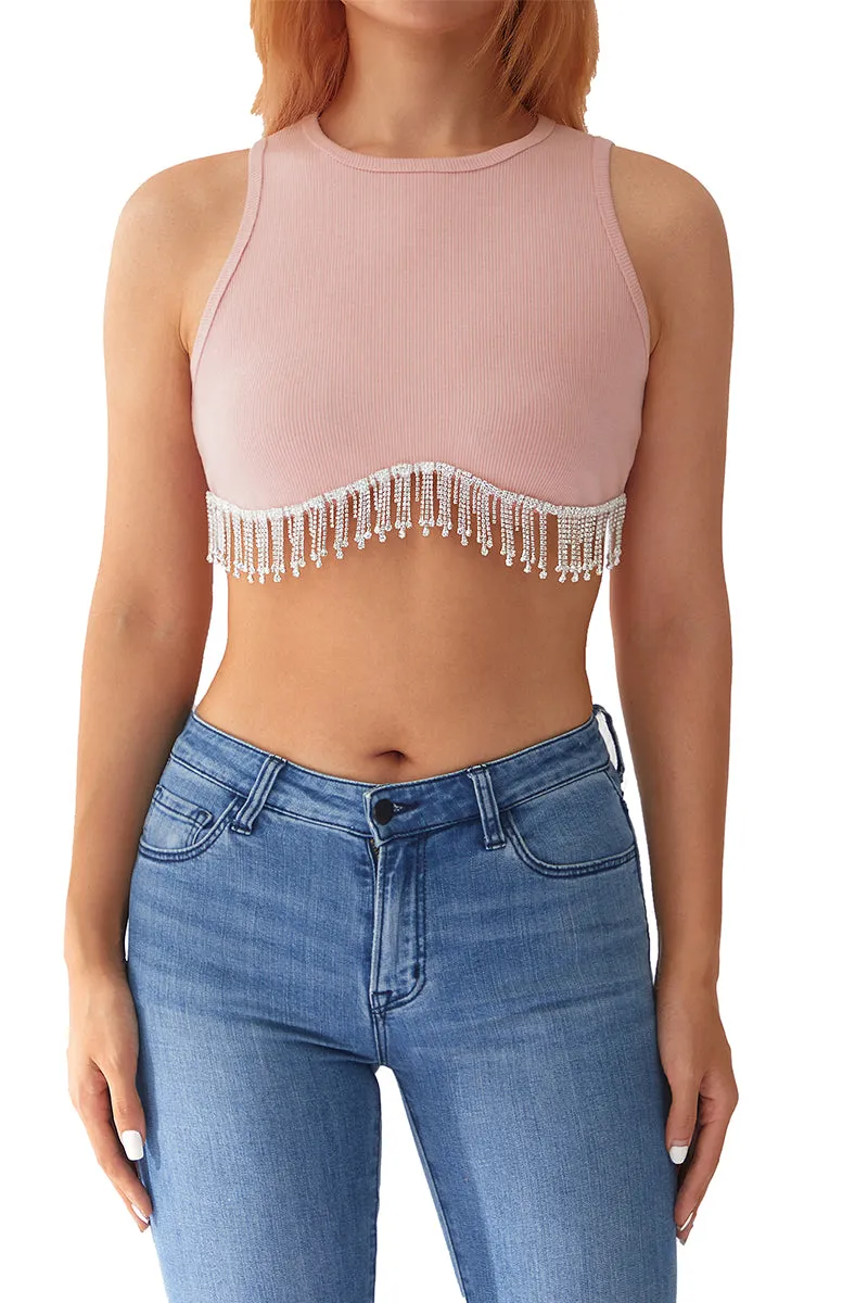 TT3115 Rhinestones Tassels Tank Top